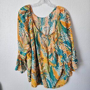 Cato Peasant Orange/Teal Tropical Print Boho Top Butterlfy Sleeves Sz 26W-28W